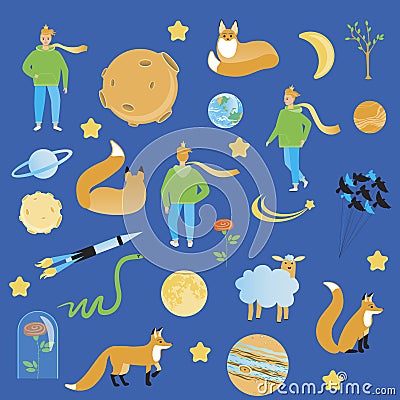 Isolated little prince, flat vector stock illustration with character little prince, fox, rose, planet, stars, space, sheep, comet Vector Illustration