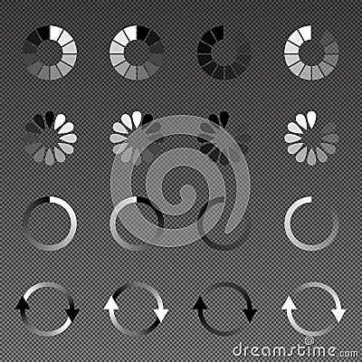 Isolated loading, preloader icon set of black, white and transparency on gradient grid background. Vector Illustration