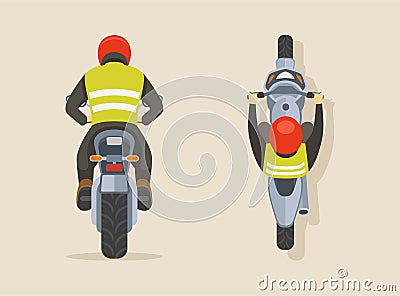 Isolated man in a red helmet riding motorcycle. Back and top view a bike rider. Vector Illustration