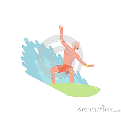 Isolated man surfer riding fast on board in sea ocean water waves enjoying summer time recreation Vector Illustration