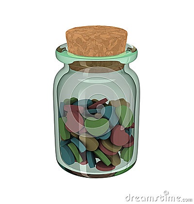 Isolated medicine bottle with heart shaped love pills with cork cap on over a white background with reflection Stock Photo