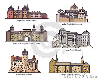 Isolated medieval castles of Europe. Architecture Vector Illustration