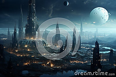 Isolated Megacity distant planet. Generate Ai Stock Photo