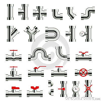 Isolated Metal Pipes and Parts. Steel Pipeline Fittings, Connectors and Valves Vector Illustration