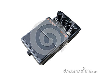 Isolated metallic black modifier distortion stompbox electric guitar effect for studio and stage performed on white background Stock Photo