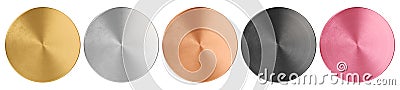 Isolated metallic round plates in various colors. Decorative design elements. 3D Rendering. Stock Photo
