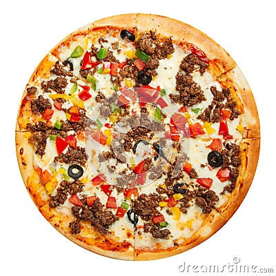 Isolated mexican pizza with minced meat and olives Stock Photo