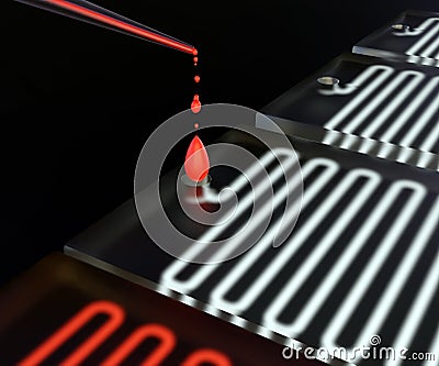 Isolated microfluidic chip with blood sample inside of micropipette Stock Photo