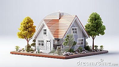 Isolated mockup of 3D small house with orange roof. 3d rendering Stock Photo