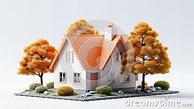 Isolated mockup of 3D small house with orange roof. 3d rendering Stock Photo