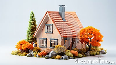 Isolated mockup of 3D small house with orange roof. 3d rendering Stock Photo