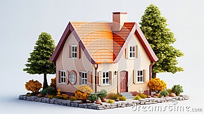 Isolated mockup of 3D small house with orange roof. 3d rendering Stock Photo