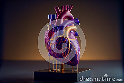 An isolated model of a human heart, standing on a stand on a dark background. Stock Photo