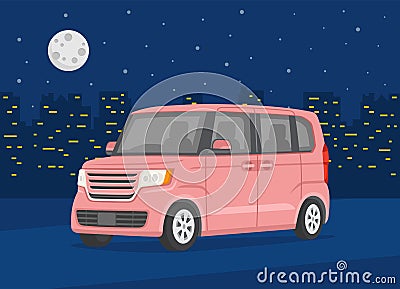 Isolated modern new kei car on the background of the night city. Pink car. Night city with lights. Vector Illustration