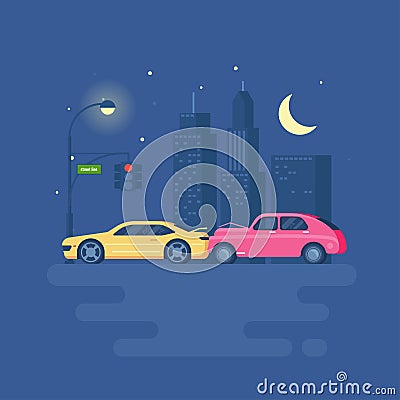 Isolated modern vector illustration of car accident on the background of the city. Vector Illustration