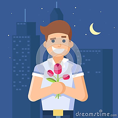 Isolated modern vector illustration of macho man holding flowers. Vector Illustration