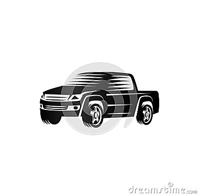 Isolated monochrome engraving style pickup trucks logo, cars logotype, black color automotive vehicle vector Vector Illustration