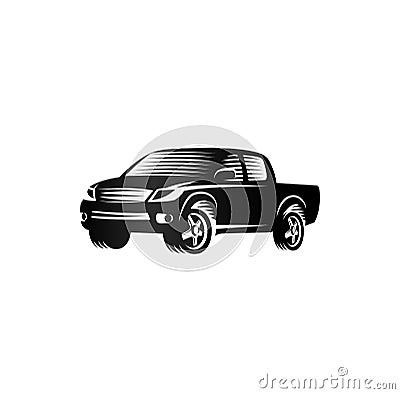 Isolated monochrome engraving style pickup trucks logo, cars logotype, black color automotive vehicle vector Vector Illustration