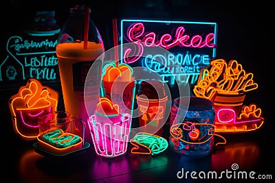 Isolated neon signs for things like 'Boba', 'Tacos', and 'Brunch'. Stock Photo