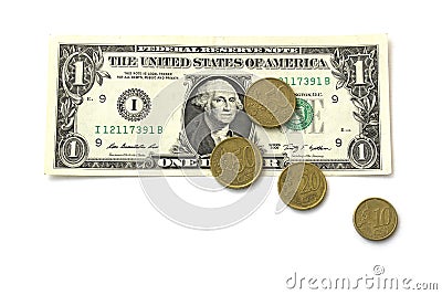 Isolated note of one American dollar and yellow coins of European cents in 50, 20 and 10 on a white background Stock Photo