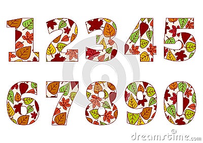 Isolated numbers from 0 to 9 with background of colorful autumn leaves. Vector Cartoon Illustration