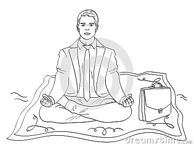 Isolated object coloring, black lines, white background. Businessman on the carpet, meditation. man flies to work Vector Illustration