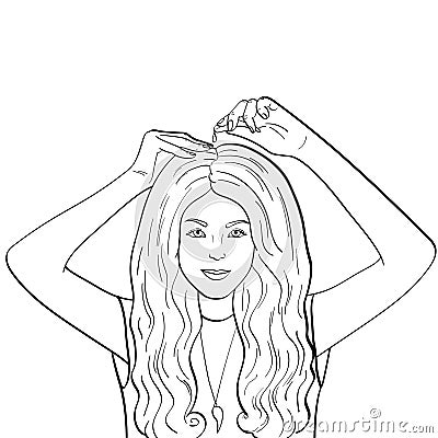 Isolated object coloring, black lines, white background. The girl uses capsules to nourish and strengthen the hair Vector Illustration