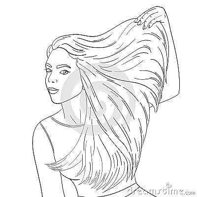 Isolated object coloring, black lines, white background. A young girl advertises shampoo, long hair. Vector Vector Illustration