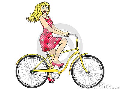 Isolated object on white background point. with sun rays. Young beauty woman ride bicycle retro raster. Cartoon Illustration