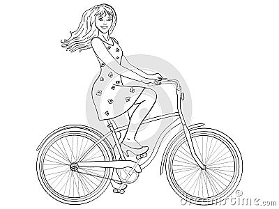 Isolated object on white background point. with sun rays. Young beauty woman ride bicycle retro vector. Children Vector Illustration
