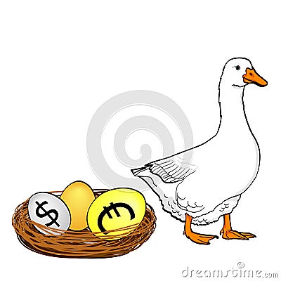 Isolated object on white background, summer color. The white goose bears currency eggs, dollar, euro, gold. Vector Illustration