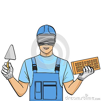 Isolated object on white background, summer color. A man is a builder to learn in the glasses. Training on the Internet Vector Illustration