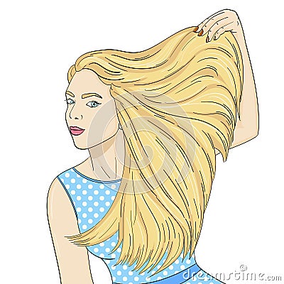 Isolated object on white background. A young girl advertises shampoo, long hair. Vector Vector Illustration
