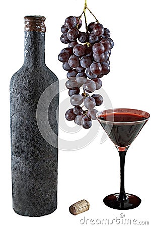 Isolated old bottle of wine with a full beaker of wine, bunch of grapes and cork Stock Photo