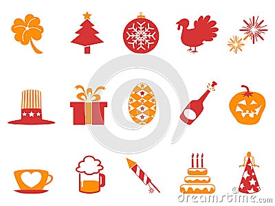 Orange red color holiday icons set Vector Illustration