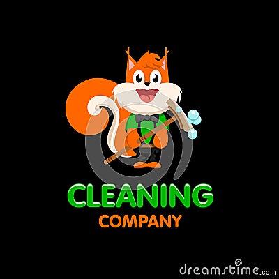 Isolated orange squirrel with mop vector logo. Cleaning company business emblem. Vector Illustration