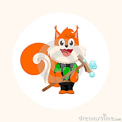 Isolated orange squirrel with mop vector logo. Cleaning company business emblem. Vector Illustration