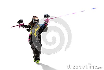 Isolated paintball player is playing the game Stock Photo