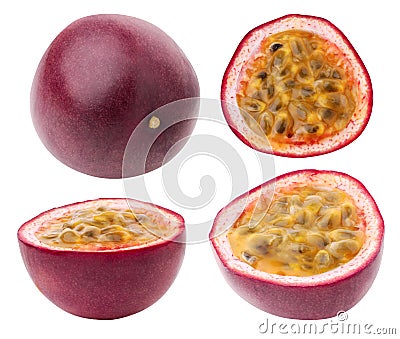 Isolated passion fruit. Whole fruit and halves on a white background Stock Photo