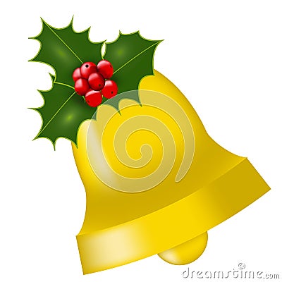 golden christmas bell decorated with holly Vector Illustration