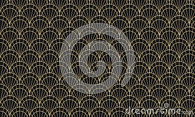 Abstract vector seamless geometric pattern. Gold lines on a black background. Japanese ornament style Vector Illustration