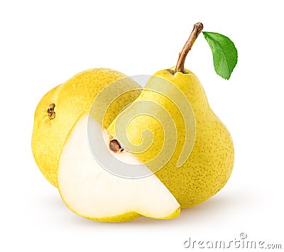 Isolated pears. Two pear fruit and a piece with leaf isolated on white background with clipping path. Stock Photo