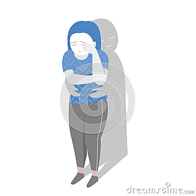 Isolated of person is crying alone with a comfort hug by her shadow, mental health concept in flat vector illustration Vector Illustration