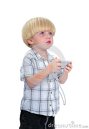 Isolated photo of young boy taking a photograph Stock Photo