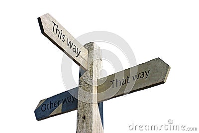 An isolated wooden directions signpost or guidepost Stock Photo