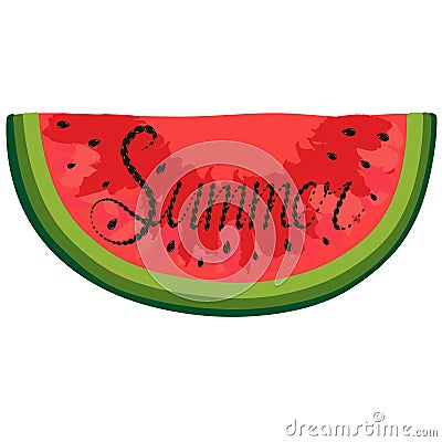 Isolated piece of red watercolor watermelon lettering with summer inside word Stock Photo