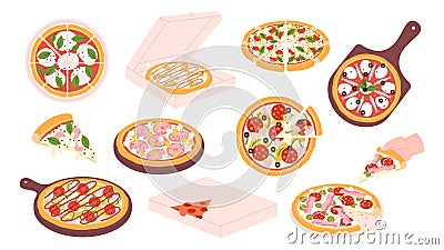 Isolated pizza set, margherita pizzas slice with cheese. Italiano pizzeria elements. Take away pizza in cardboard box Vector Illustration