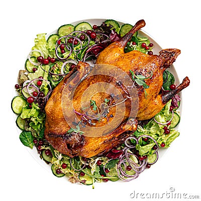 Isolated plate of festive baked stuffed duck Stock Photo