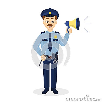 Isolated policeman with megaphone. Vector Illustration