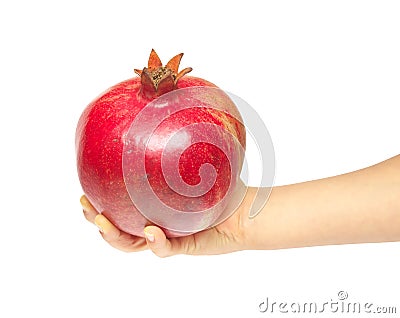 Isolated pomegranate on kid hand Stock Photo